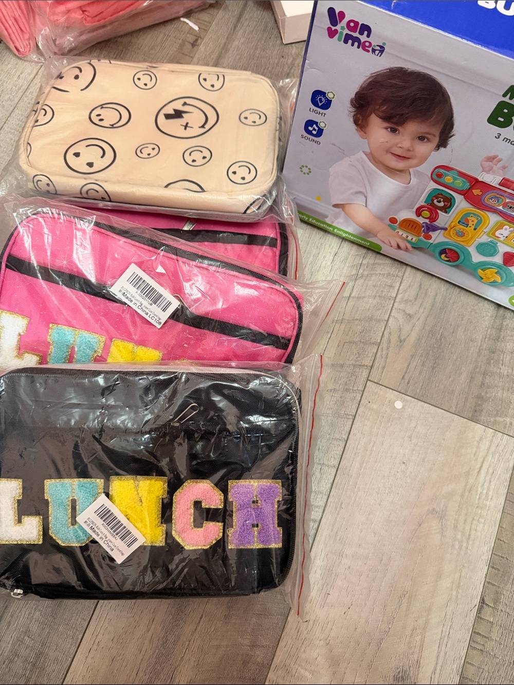 Colorful 'LUNCH' Lunch Bag Set - Pink & Black & Beige
